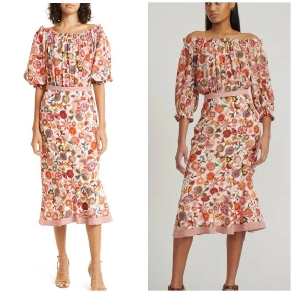 SALONI Dresses & Skirts - SALONI Grace Print Silk Off the Shoulder Dress in Ivory
Adorning/Hazel SZ US 8